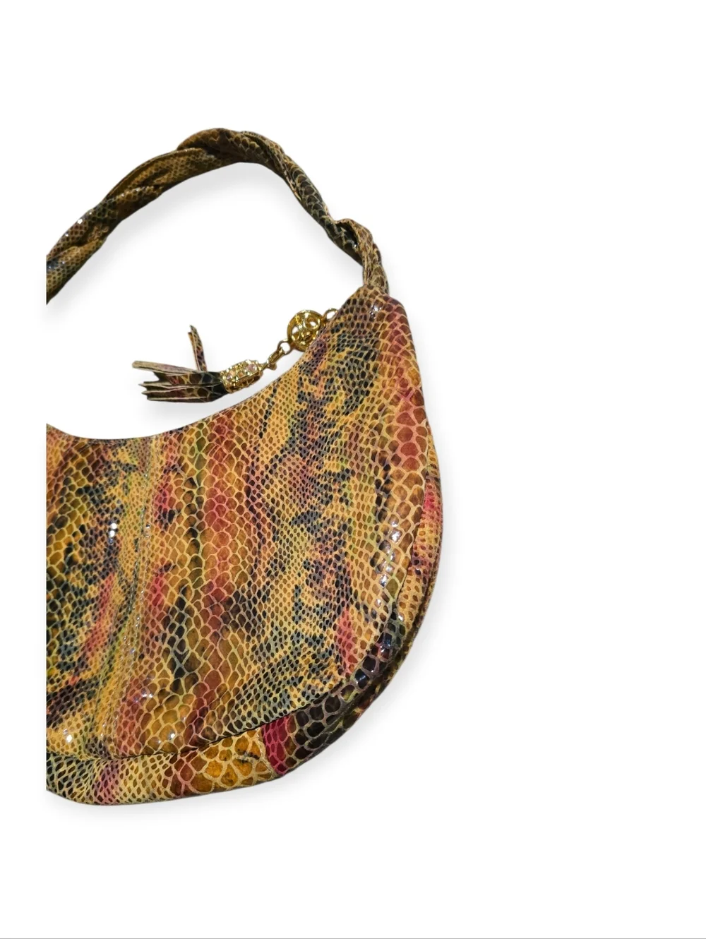 Pinky Snake-Print Crescent Hobo Leather Shoulder Bag